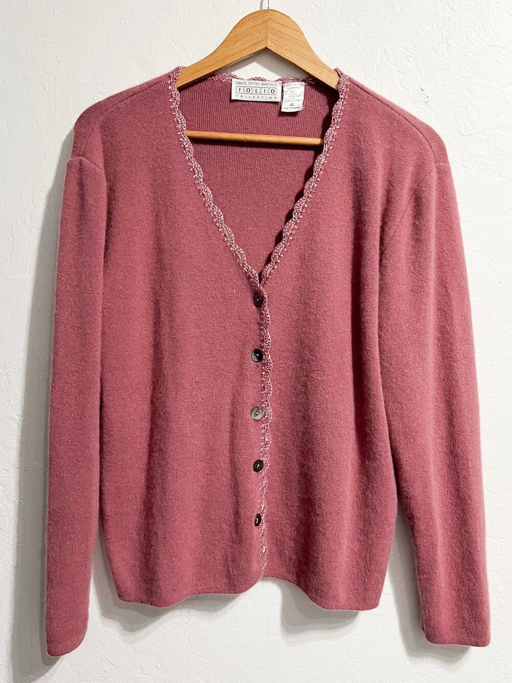 VTG 90s Saks Folio Sweat Knit Cardigan XL Wool Angora Mauve Pink Cottage